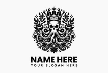 Minimalist line-art octopus wearing a crown surrounded by leaves and flower in symmetrical black and white vector logo design, evoking elegance, power, and marine mystique  
