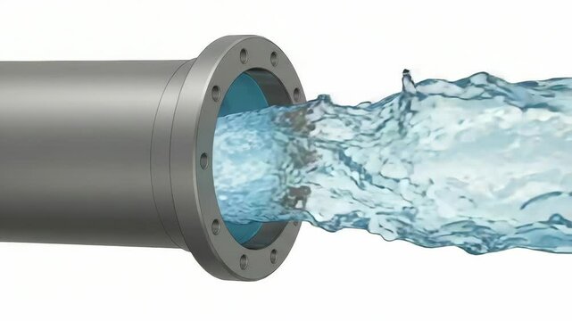 Water Flowing from Industrial Pipe - A close-up view of clear water powerfully exiting a large metal pipe with flange connections. The water is depicted with realistic detail and texture