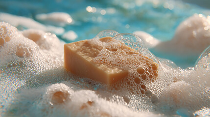 Obraz premium A Luxurious Bar of Soap Surrounded by Bubbles in a Relaxing Bath Setting