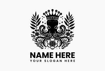 Obraz premium Minimalist line-art octopus wearing a crown surrounded by leaves and flower in symmetrical black and white vector logo design, evoking elegance, power, and marine mystique 
