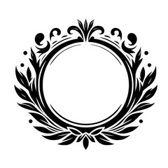 Elegant Floral Black and White Circular Frame, Decorative Design Element