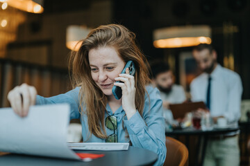 Focused woman working on documents while having a phone conversation in a modern cafe.