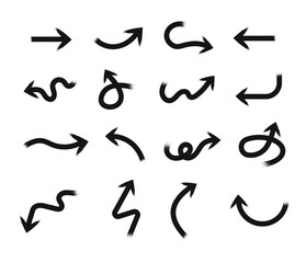 Hand Drawn Curved and Swirly Arrows Set. Vector Black Brush Stroke Arrows Collection