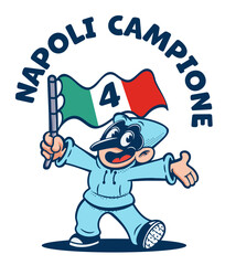 pulcinella cartoon mascot retro napoli with italian flag cheerful fan