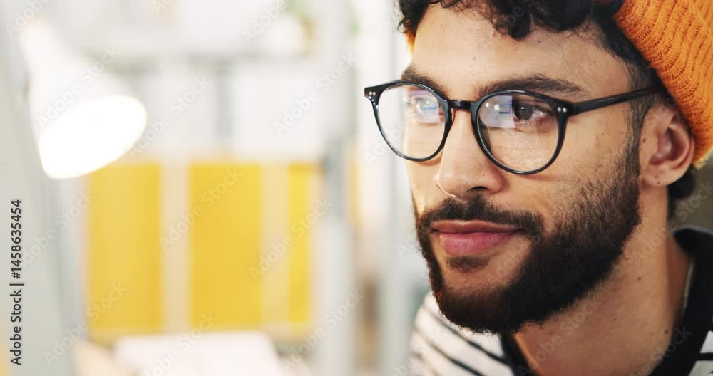 Poster Man, web designer and glasses with computer for software development, coding or online update. Male person, creative employee or programmer with technology for research, new app or design at office