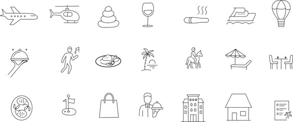 Luxury Travel and Hospitality Outline Icons – 24 Vector Line Art Symbols
