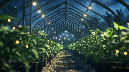 Greenhouse plants growing indoor at night with lights agriculture garden cultivation horticulture farming