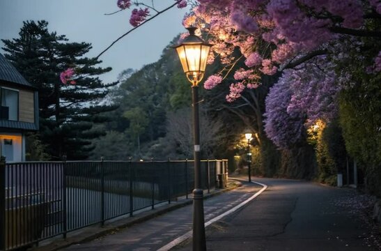 Lilac flowers in the dark on the street, illuminated by a lantern.