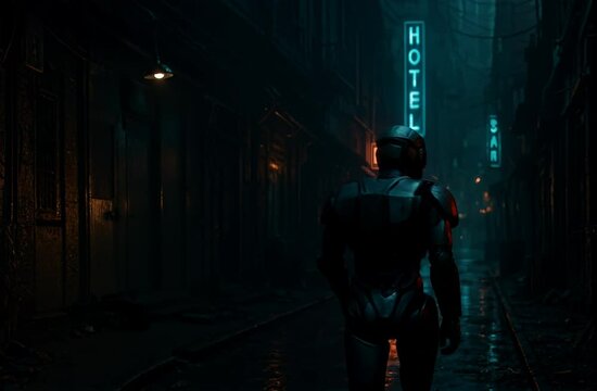 A robot walking through a neon-lit alley