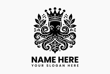 Ornate octopus with jeweled crown and symmetrical seaweed scrollwork, heraldic vector emblem for luxury seafood brands