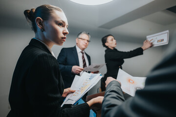 Colleagues collaborate and review important data and graphs during a professional meeting in an...