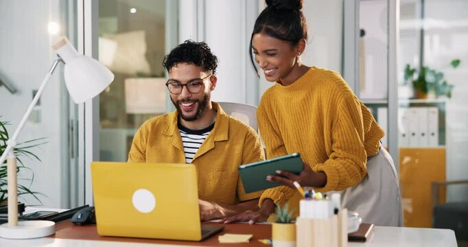 High five, business people and success in office on laptop for goal, achievement and creative teamwork. Hands together, tablet and worker celebrate design approval, excited and thank you in startup