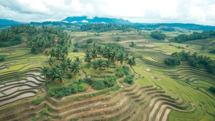 Fototapeta premium Lush green rice terraces cascade down a hillside, dotted with palm trees under a partly cloudy sky, creating a breathtaking landscape.