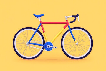 Fototapeta premium Colorful bicycle illustration with vibrant blue, red, and yellow frame on solid yellow background, symbolizing sport, fun and minimalist modern design.