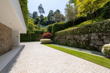 Modern driveway lined with paving stones, flanked by lush gardens and stone walls