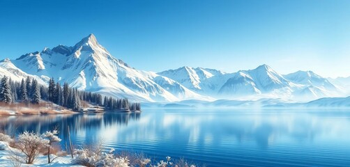 Winter watercolor mountainscape, serene lake, blue hues, artistic background, illustration, banner