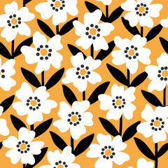 Seamless flower pattern. Geometric stylized flowers in groovy naive style. Floral botanic hand drawn design print.