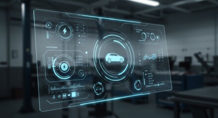 Futuristic car interface hologram in repair shop