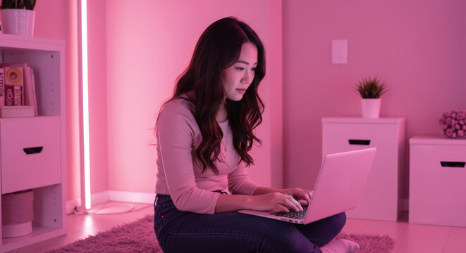 Young woman using laptop in pink neon bedroom