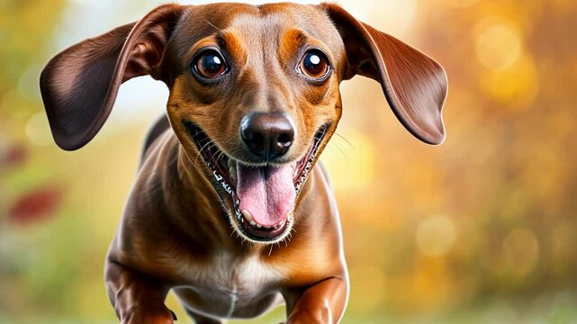 Energetic dachshund running through autumn leaves capturing joyful movement.