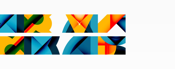 Abstract geometric shapes, vibrant colors, overlapping forms create dynamic visual pattern. Modern design, clean aesthetic.