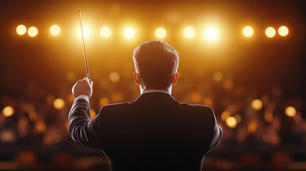 Conductor leading orchestra on stage under bright warm lights, viewed from behind, symbolizing leadership, music, performance and artistic direction in a concert setting.
