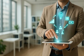 Businessman Using Tablet Digital Technology Innovation Ideas Growth Strategy Planning Modern Office Professional Development Success Future Technology Teamwork Collaboration Financial Management      