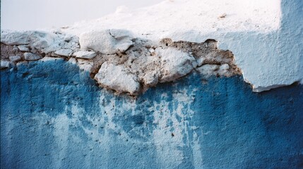 The vivid hues of a weathered wall, where blue paint meets stark white above, narrate textures and stories of time and environment.