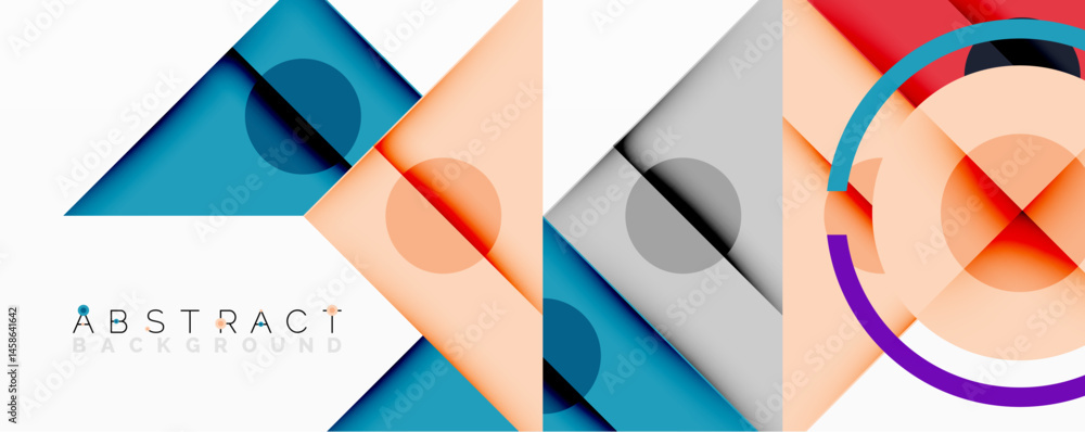 Poster geometric shapes overlap creating modern abstract designs. colors include blue, orange, gray, red. m