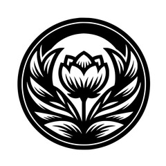Black and White Lotus Floral Emblem in Circle, Minimalist Design