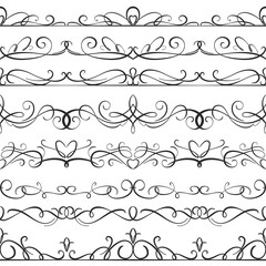 Obraz premium Swirl seamless borders. Repeating ornamental elements, decorative elegant dividers, old book design, outline vintage frames, curls ink lines, certificate and invitation, tidy vector isolated set