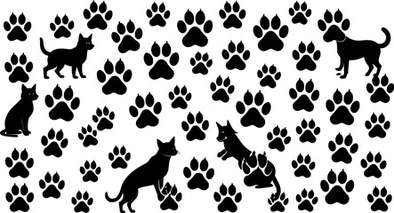Obraz premium Cat and dog animals paw print silhouettes vector illustration 