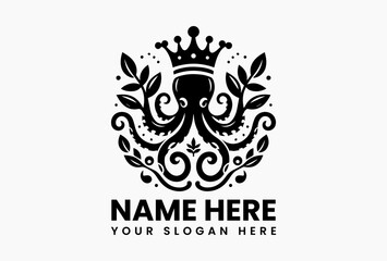 Flowing octopus crowned with lotus and lily pads, elegant vector logo for spa and ocean conservation groups 