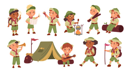 Fototapeta premium Little scouts. Cute kids in uniform and hats adventure, children learning to survive in nature, boys, girls in camping conditions, cartoon flat isolated tourists characters garish vector set