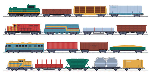 Goods trains. Wagons, containers and tanks, railway freight transportation, locomotives with wagon, freight and cisterns, cargo service for oil, sand and wood, flat nowaday vector set © YummyBuum