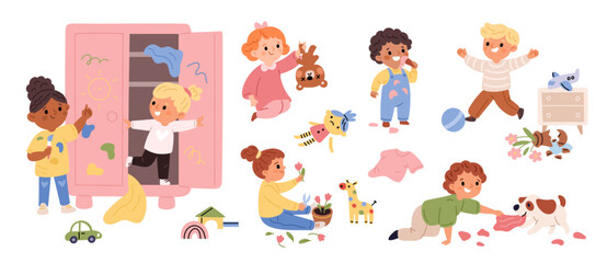 Children destroying room. Little kids play in active games, spoiling home, naughty boys and girls break toys and furniture, making mess, bad behavior, cartoon flat isolated garish vector set