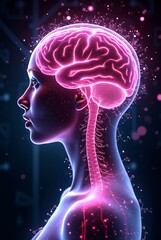 A futuristic illustration of a human head with a glowing brain, surrounded by a dynamic neural network, symbolizing advanced technology and the power of the mind