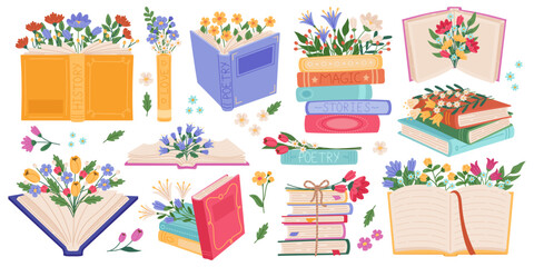 Blooming books. Flowers in printed publications, beautiful literary works, poetry, romance novels, romantic spring mood, education symbol, cartoon flat style isolated recent vector set
