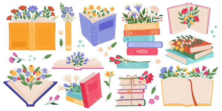 Blooming books. Flowers in printed publications, beautiful literary works, poetry, romance novels, romantic spring mood, education symbol, cartoon flat style isolated recent vector set