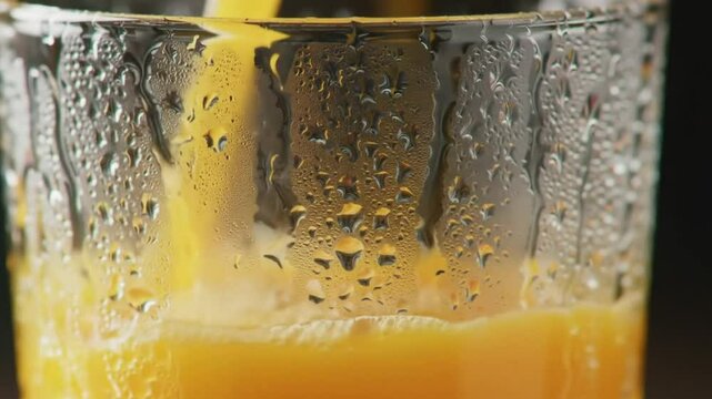 Pouring the juice into a glass. The water droplets show its freshness.  Generative AI.
