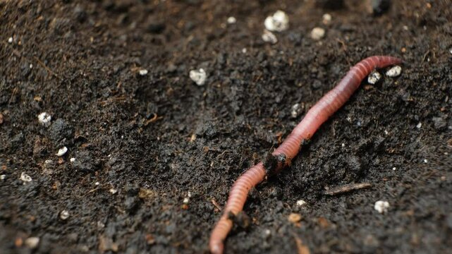 Big beautiful earthworm in the black soil, close-up.