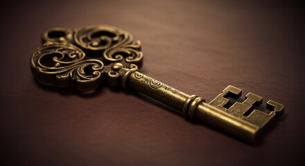 Ornate antique key resting on a dark surface.