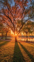 Naklejka premium Autumn sunbeams through trees on a park lake