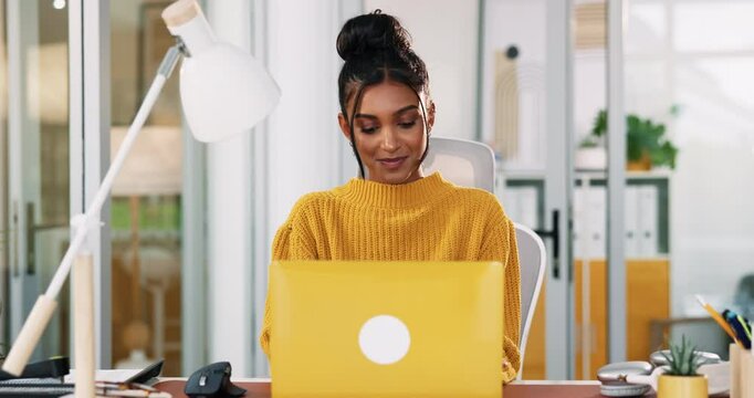 Office, businesswoman and web designer with laptop for typing, software update or creative agency. Career, female person or ux expert with digital tools for application, research information or smile