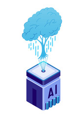Isometric artificial intelligence icon. Digital robots technology. Ai technology web banner element. Deep learning machine, digital concept. Isolated vector illustration