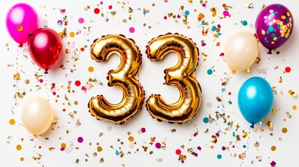 Golden Number 33 Balloons With Colorful Festive Balloons And Confetti On A White Background