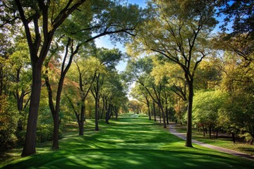 Fototapeta premium Lush golf course fairway, lined with mature trees