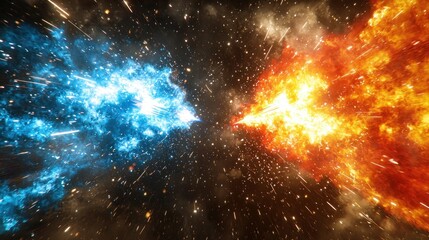 Cosmic clash of fire and ice.  Vast space filled with streaks of blue ice and fiery orange, explosive energy, intense