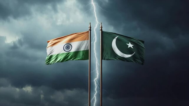 India and Pakistan Flags Wave Under a Stormy Sky, Symbolizing Geopolitical Tension