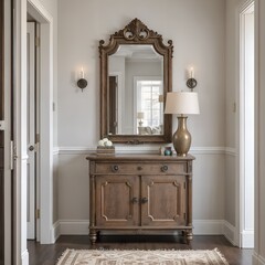 Stylish entryway with antique mirror and simple storage cabinet 
